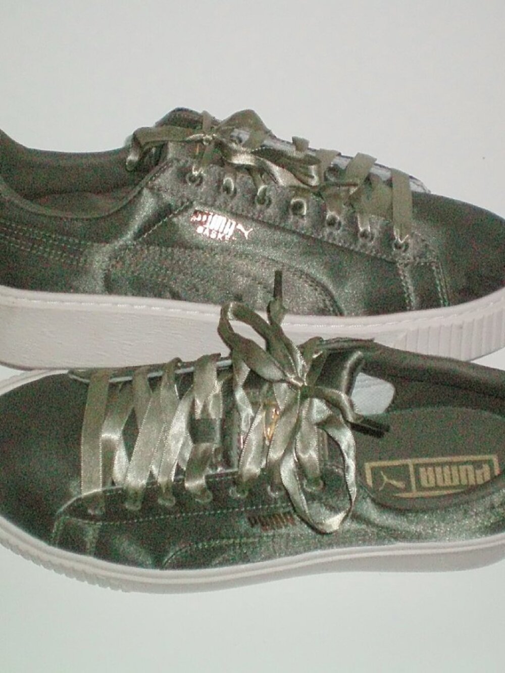 Womens Puma Basket Platform Satin Trainers